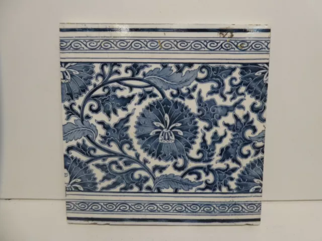 Antique Tile Minton Works Stoke On Trent Blue & White Art Nouveau Hand Painted
