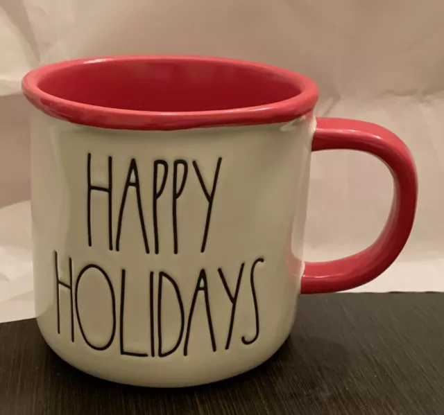 Rae Dunn "HAPPY HOLIDAYS" Mug w Red Interior Christmas Magenta Artisan New HTF
