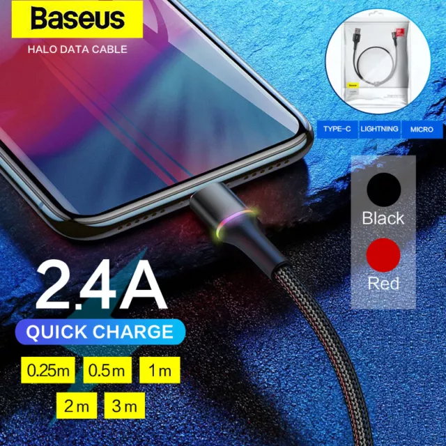 Genuine Baseus Halo Data Sync Cable LED Fast Charging USB Type-C Micro iPhone