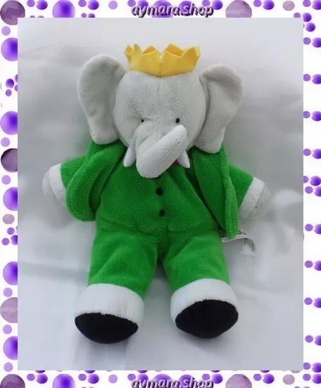 Doudou Peluche Eléphant Babar Gris Vert Lansay 24 cm