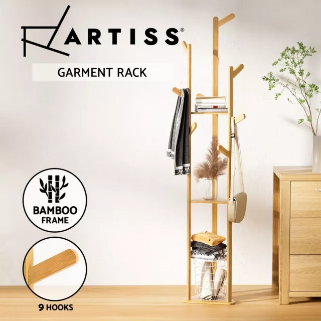 Artiss Clothes Rack Coat Stand 3-Tier 9 Hooks Tree Garment Hanger Shelf Bamboo