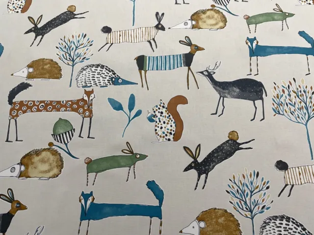 Country Life Fox Deer Hedgehog Teal Cotton Curtain/Roman Blind/Upholstery Fabric