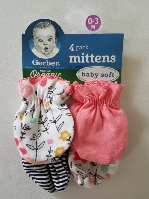 New Gerber Baby Girls 4 Pack Organic Cotton Mittens Size 0-3 Months