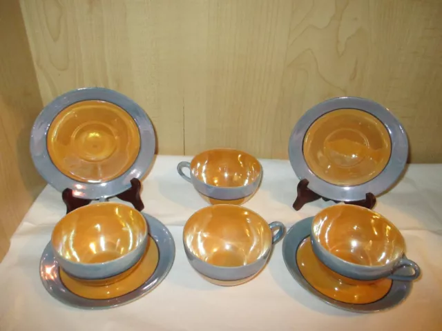 VintageJapan Blue & Peach Lusterware Cups & Saucers 8 pc. Set