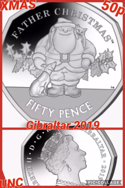 Gibraltar 🇬🇮 Coin 50p Pence 2019 Xmas Christmas Cat And Dog Santa UNC from Bag