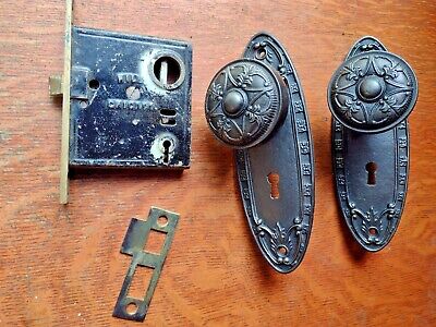 Antique Victorian Niles Chicago Doorknobs, Doorplates, Lock Set Pat 1878 Greek