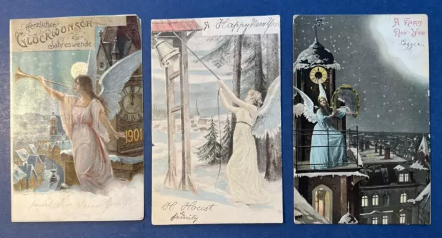 3 New Year Antique Postcards with ANGELS. 1900 and 1905. UND Backs. NICE