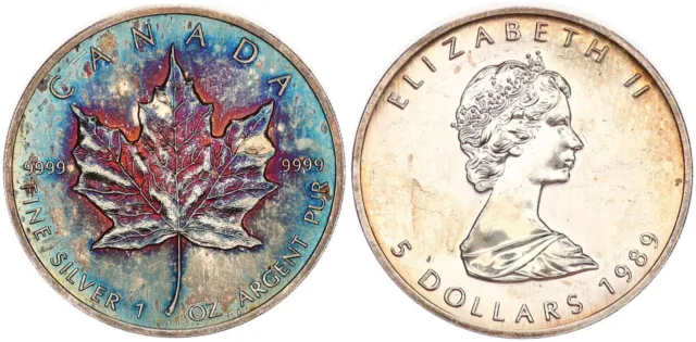 Maple Leaf 5 Dollar - 1 OZ Fine Silver Canada 1989 Almost Stempe 93348