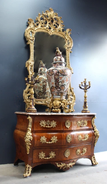 set Early Louis XV Sign Commode Mirror 2x Cadelabra Large Vase on gilded stand
