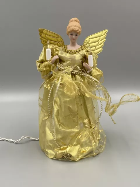 10” Beautiful Angel Lighted Christmas Tree Topper In Gold Dress