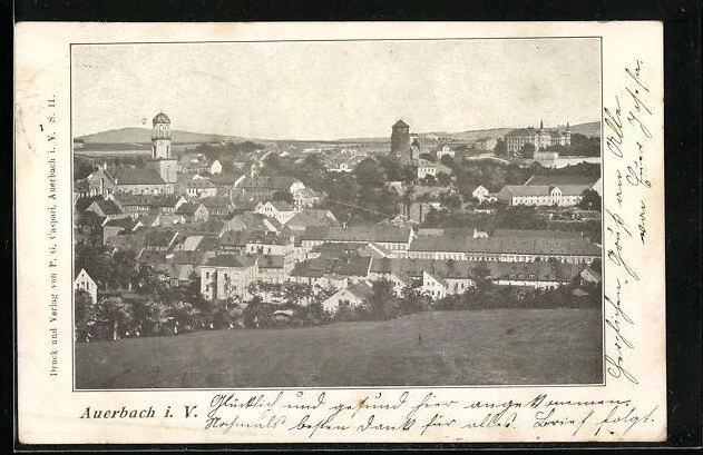 AK Auerbach i. V., Stadtblick mit Kirchturm 1902