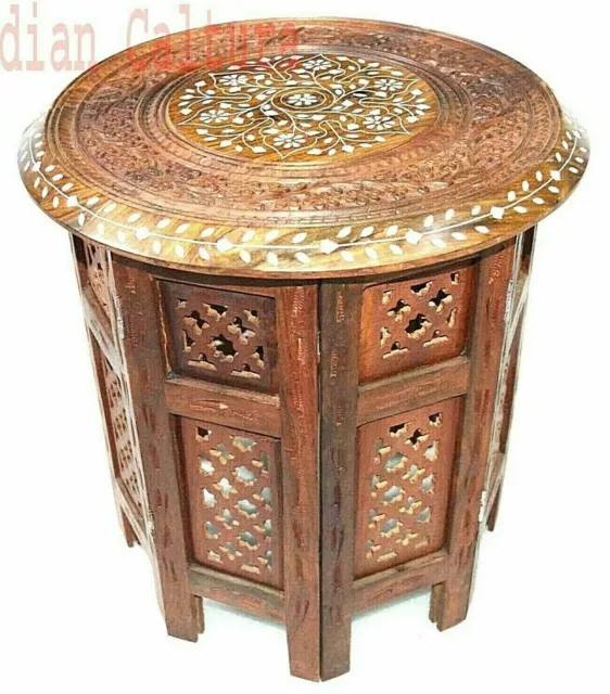 Indien Sheesham Bois Main Sculpté Dîner Pliable Table Meuble