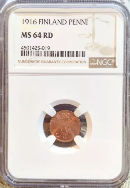 1916 Russia Russian Coin Copper Finland 1 Penni NGC MS 64 RD Nicholas II