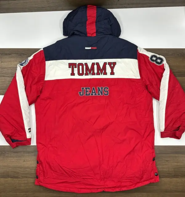 VINTAGE Tommy Hilfiger Mens 2XL Coat Red Quilt Lined Big Logo Ski Jacket Parka