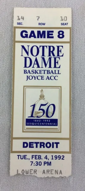 1992 02/04 Detroit at Notre Dame Basketball Ticket Stub - Seat 10