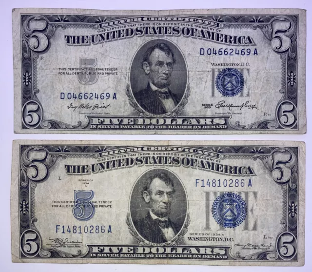 1934 ($5) Five Dollar, 1953 ($5) Five Dollar Blue Seal Silver Certificates Notes