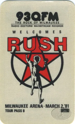 RUSH 1981 Milwaukee Radio Promo Backstage Pass Neil Peart