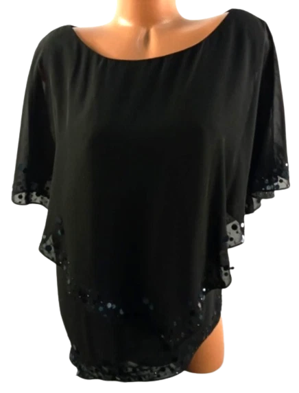 Coldwater creek black sheer overlay flat sequins boat neck lined top W22