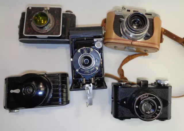 LOT of FIVE - 1920's-1950's Vintage Cameras - Foth-Derby, Bolsey, Kodak, Waldorf