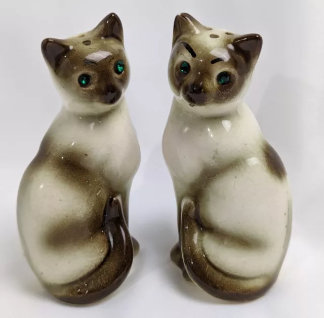 Siamese Cats Vintage MCM Salt Pepper Shakers With Green Eyes