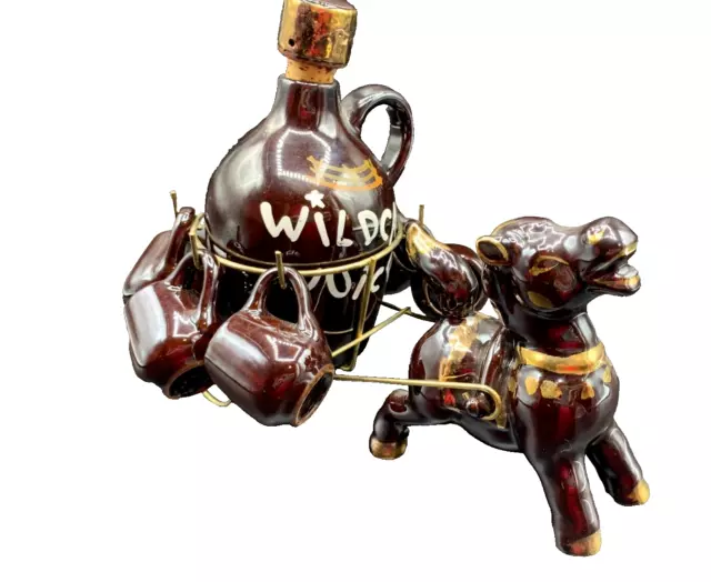 Vintage Wild Cat Juice Decanter with Horse Cart and 6 Cups by Artmark Japan