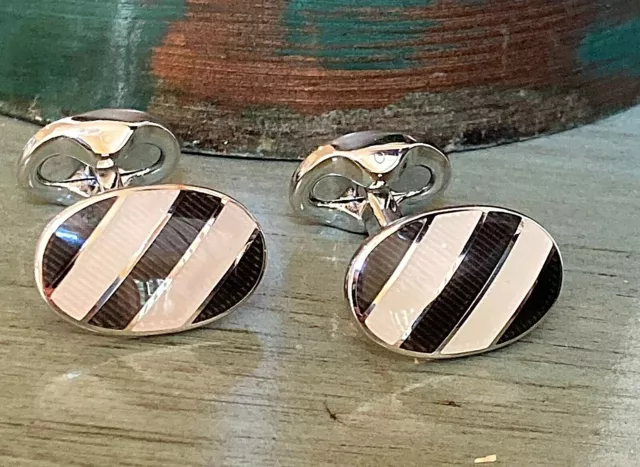 Cufflinks - Genuine RALPH LAUREN Silver Plated Black & White Stripe - England