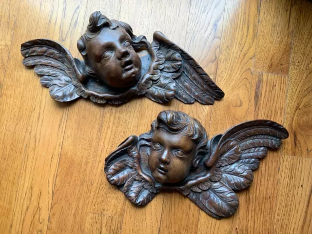 Pair Antique English 19thC Hand Carved Wood Cherubs  Fragment