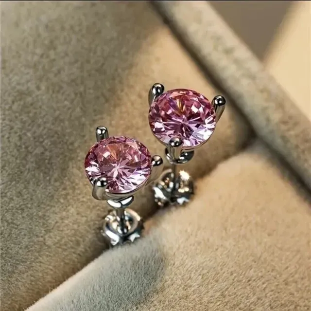 2 CT Round Lab Created Pink Sapphire Women's Stud Earrings 14k White Gold Plated