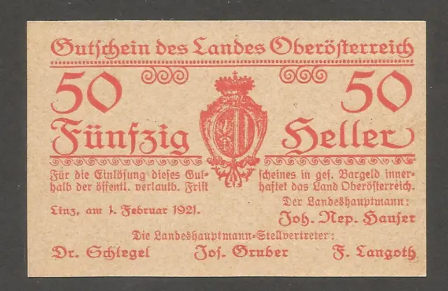 Austria - Upper Austria 50 Heller 1921, UNC; P-S121