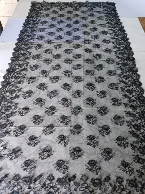 Vintage black lace bordered antique mantilla shawl Italian Catholic headcovering