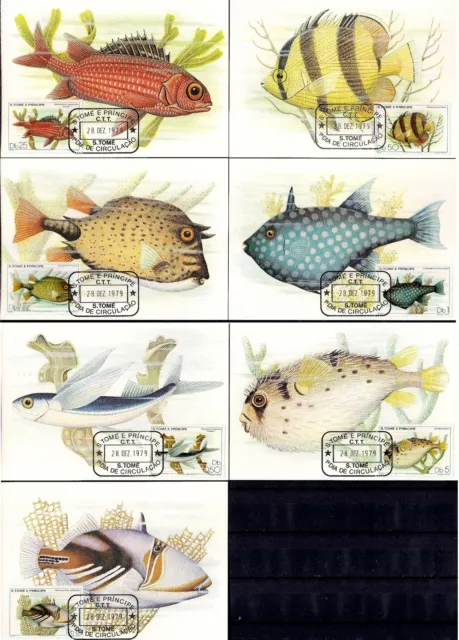 Sao Tome 1979 Fish Boxfish Triggerfish Butterflyfish Squirrelfish 7 Maxicards