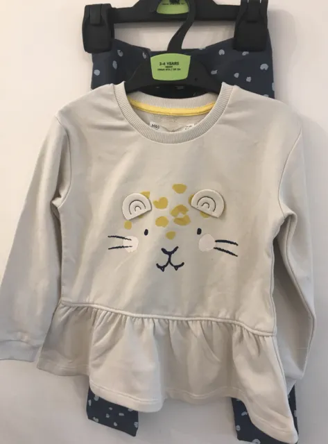 3-4 Years 2 Piece Cream Top And Leopard Print Grey Leggings By M&S