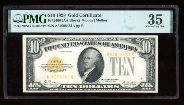 DBR 1928 $10 Gold Certificate Fr. 2400 PMG 35 Serial A64008461A