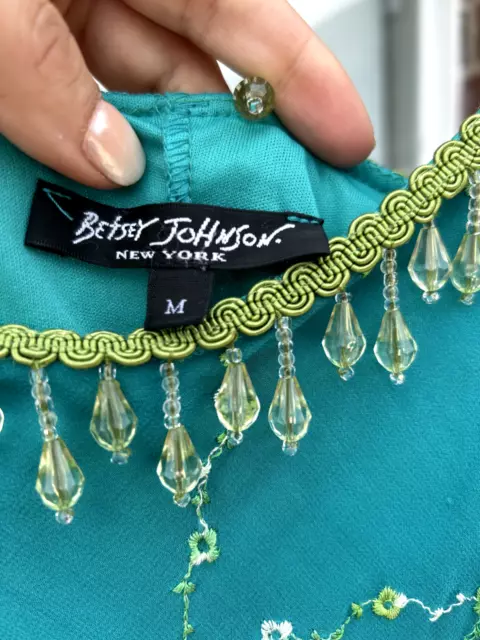 Betsey Johnson Womens Teal Check Silk Beaded Sleeveless Bodycon Dress Medium 3