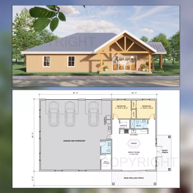 Homestead Barndominium House Plan Design - 2 Bed 1.5 Bath - 3 Garage - Blueprint