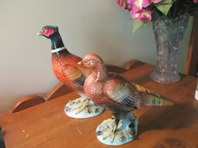NORCREST PAIR OF 8 1/2" MALE & 7" FEMALE CERAMIC PHEASANT & HEN Made in Japan