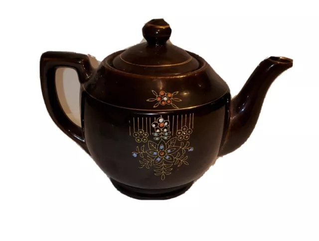 Glazed Pottery Teapot Hand Painted Flowers Made in Japan Gold Trim Vintage Brown
