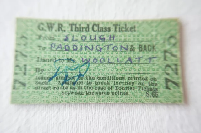 1941 Slough to Paddington GWR Railway Train Ticket