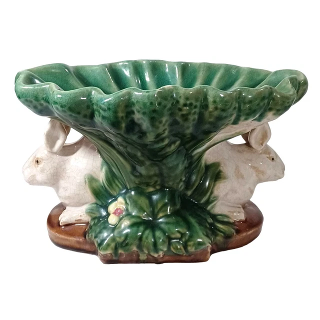 Vtg Mid Century Italian Majolica Clay Pottery Rabbits Compote Centerpiece Bowl