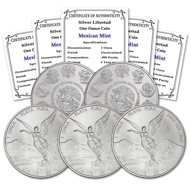 Mexican 2023 Lot of 5 1oz Silver Libertad Brilliant Uncirculated coins w/ Certs.