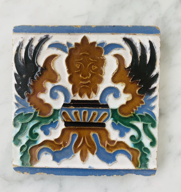 Antique Rare thick Art Nouveau Majolica glazed pottery tile