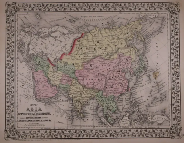 Authentic 1877 Mitchell's Atlas Map ~ ASIA, CHINA, INDIA, SIAM ~ FreeS&H