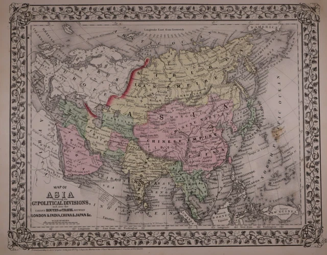 Authentic 1877 Mitchell's Atlas Map ~ ASIA, CHINA, INDIA, SIAM ~ FreeS&H