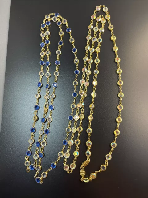 SET OF 2 Necklaces- VTG Open Bezel Austrian USA Crystal & Gold Tone Necklace 35”