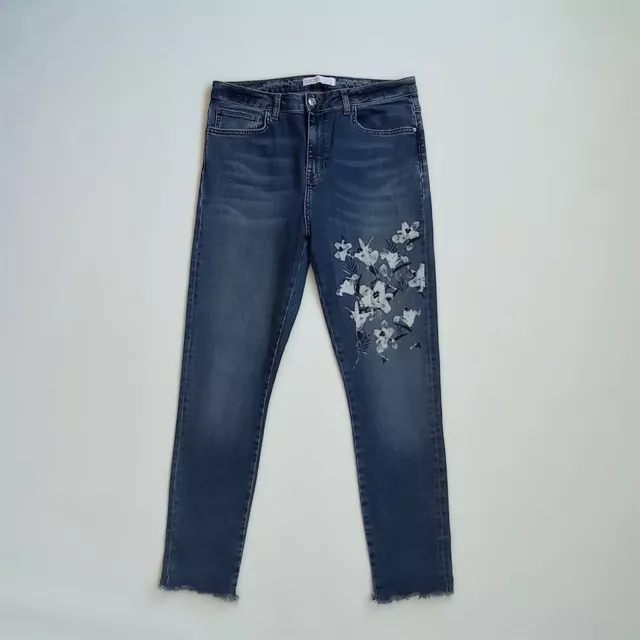 ZARA JEANS ALLA caviglia da donna sfrangiati con fiori dipinti e