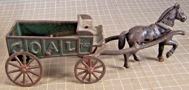 Antique Cast Iron Coal 143 Wagon Cart with Horse Toy (E)