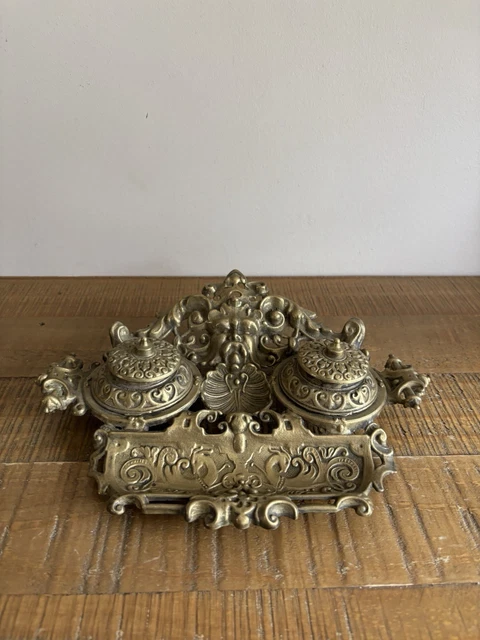 Encrier Double Ancien En Laiton/bronze Avec Godets Verre - Décoratif, Matériel De Bureau Vintage, Très Bon état