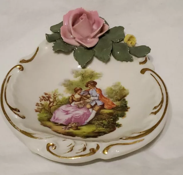 Antique Dresden Pink & Yellow Rose  Trinket Dish Gold Gilt Blue N Crown Mark