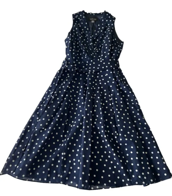 Evan Picone Black Label Dress 6 Navy & white polka dot tie waist Sleeveless EUC