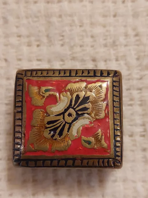 Vintage Metal and Hand Painted Enamel Oriental Design Hinged Lid Trinket Box